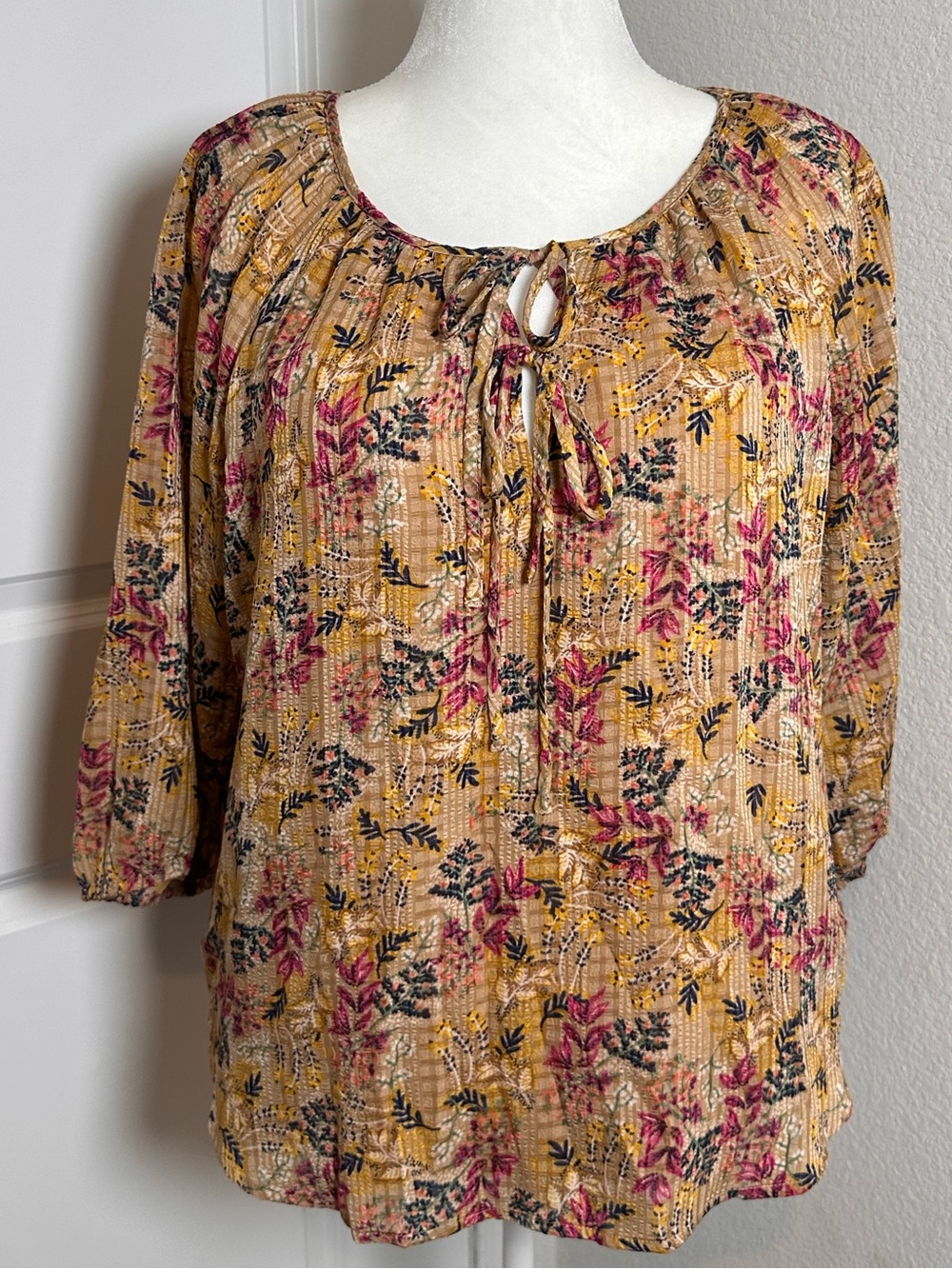 LOFT Mustard Floral Tie-Neck Peasant Blouse
